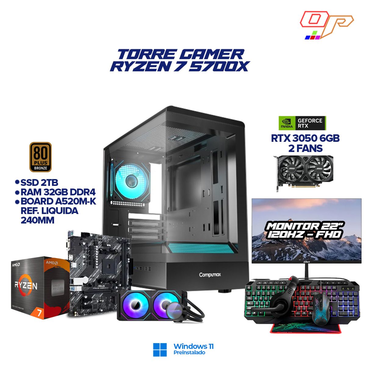 COMPUMAX - PC GAMER RYZEN 7 5700X- RTX 3050- MONITOR 22" 120HZ FULL HD- LIQUIDA 240MM- RAM 32GB SSD 2TB