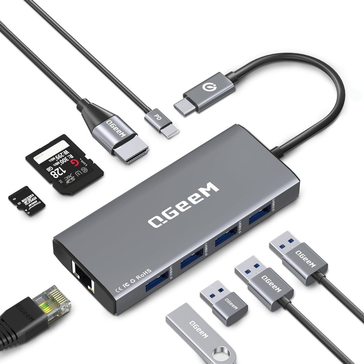 QGEEM - Adaptador USB C Multipuerto 4K HDMI USB 3.0 SD Ethernet