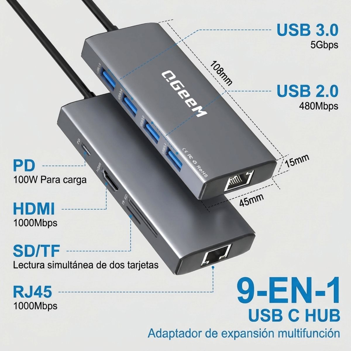 QGEEM - Adaptador USB C Multipuerto 4K HDMI USB 3.0 SD Ethernet