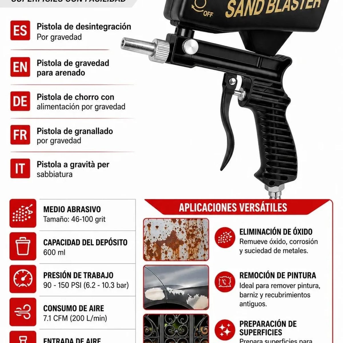 PROTOOL - Pistola De Arena Neumática 90 Psi 8mm D2T Negra