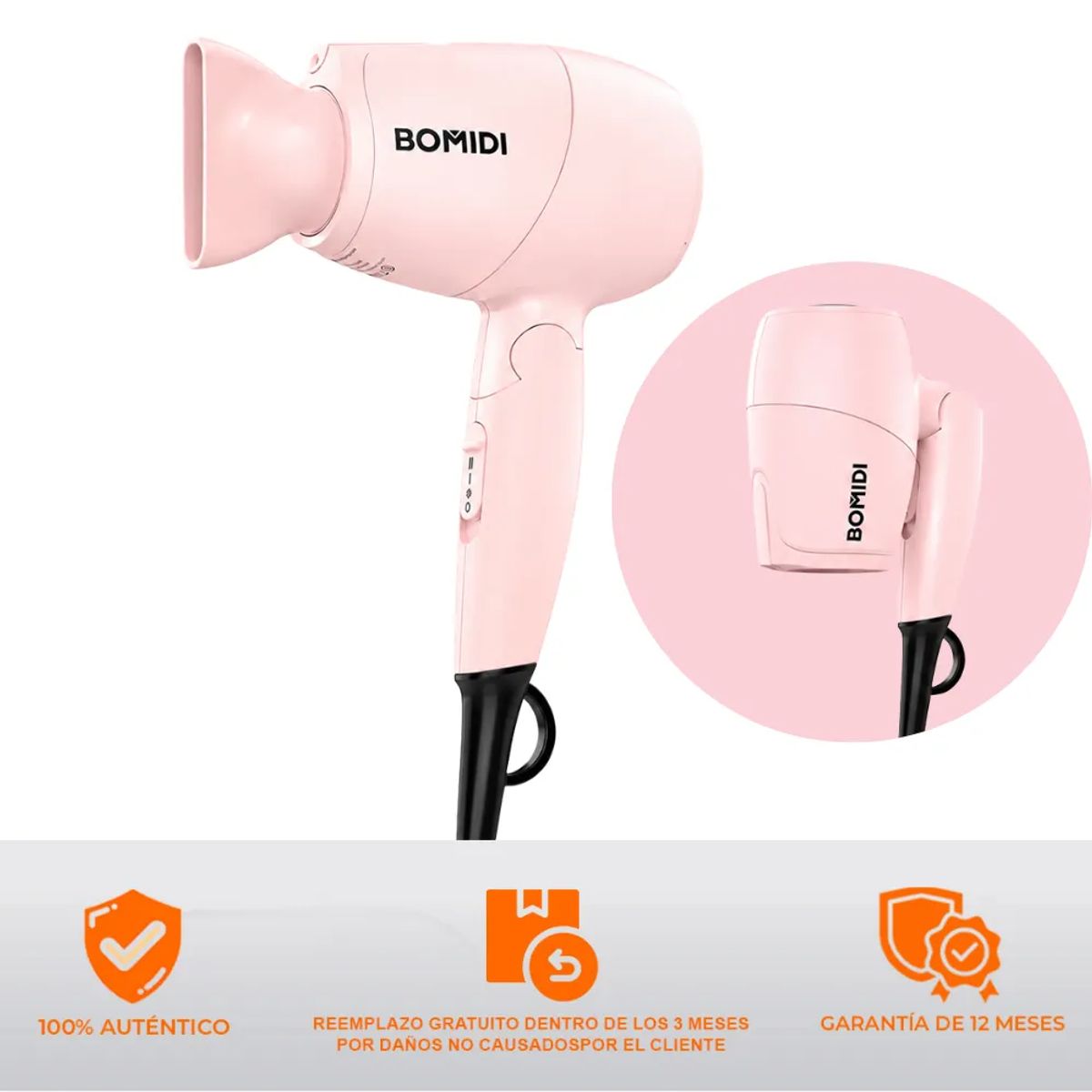 GENERICO - Secadoras Cabello Mini ,Secador de Pelo100000 RPM Con 200 Millones Iones Negativos Y 3 Temperaturas,Secadora Plegable Para Casa, Viaje Y Salón Bomidi HD09 ROSA