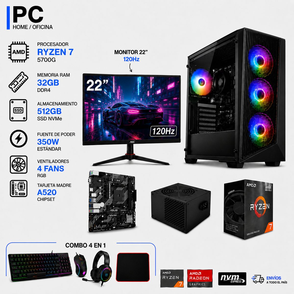 POWER GROUP - TORRE GAMER RYZEN 7 5700G - 32GB RAM - SSD 512GB M.2 - 4 FANS RGB - MONITOR 22" 120Hz- COMBO GAMER