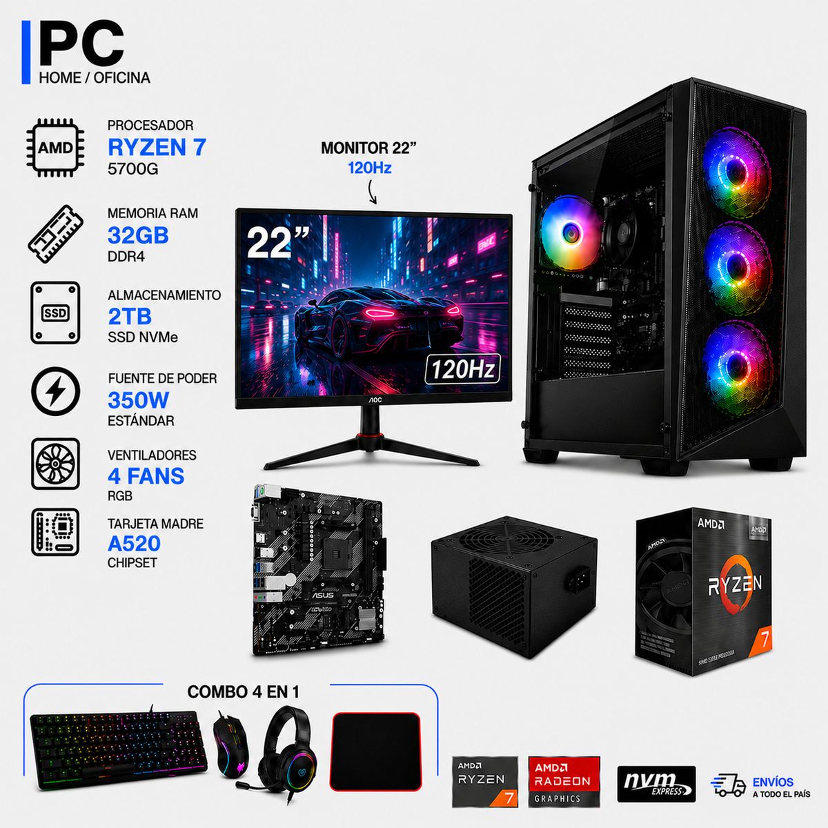 POWER GROUP - TORRE GAMER RYZEN 7 5700G - 32GB RAM - SSD 2TB M.2 - 4 FANS RGB - MONITOR 22" 120Hz- COMBO GAMER
