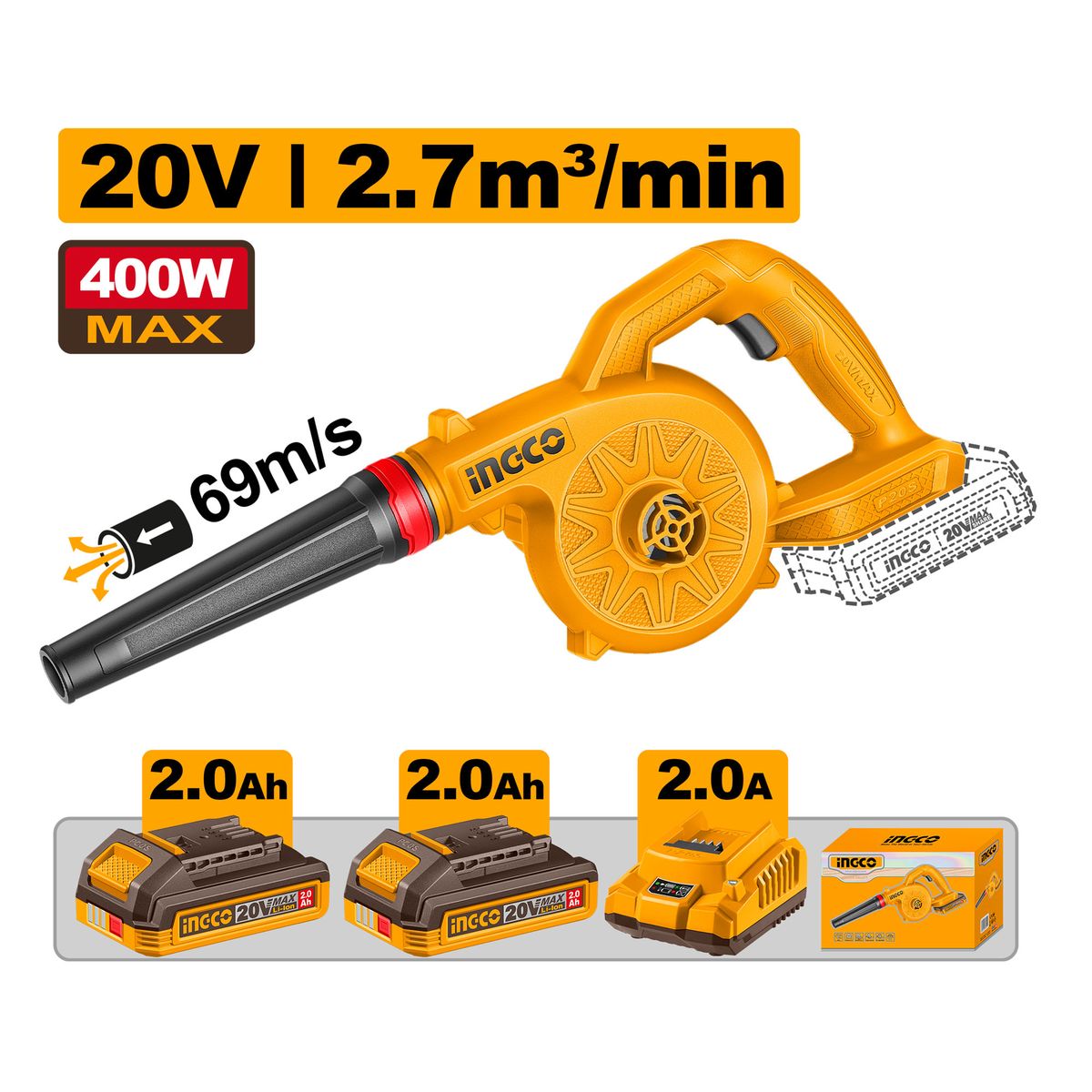 INGCO - Soplador de Aire Inalámbrico INGCO 20V 18000RPM  | UCABLI20782