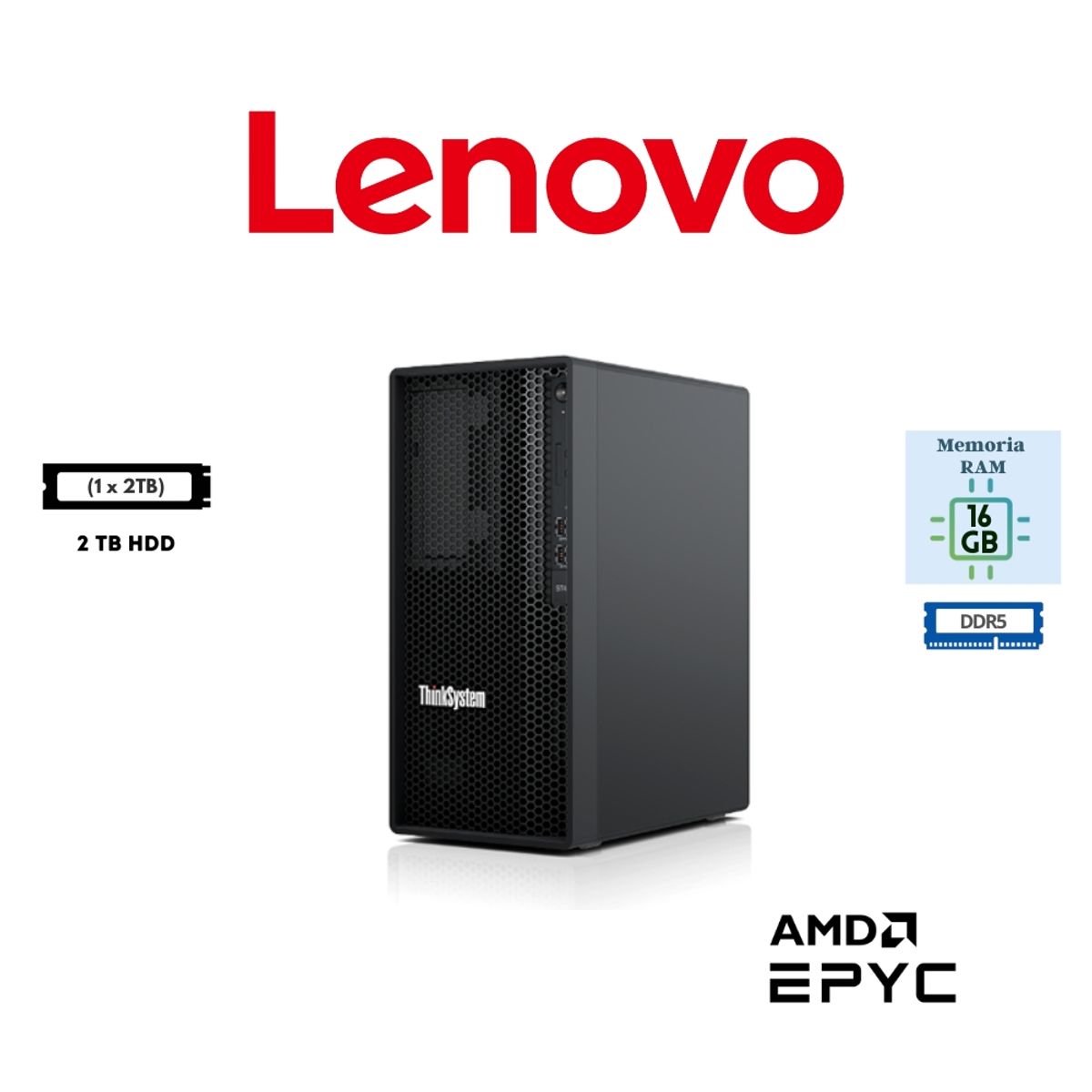 Lenovo - SERVIDOR LENOVO THINKSYSTEM ST45 V3 - AMD EPYC 4124P 3,8GHZ - TURBO MAXIMA 5,1GHZ - 16GB DDR5 - 2 TB