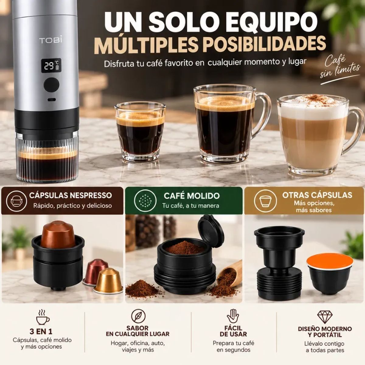 TOBI - Cafetera Portátil TOBi TB-984 3 En 1 200 ml Recargable USB-C