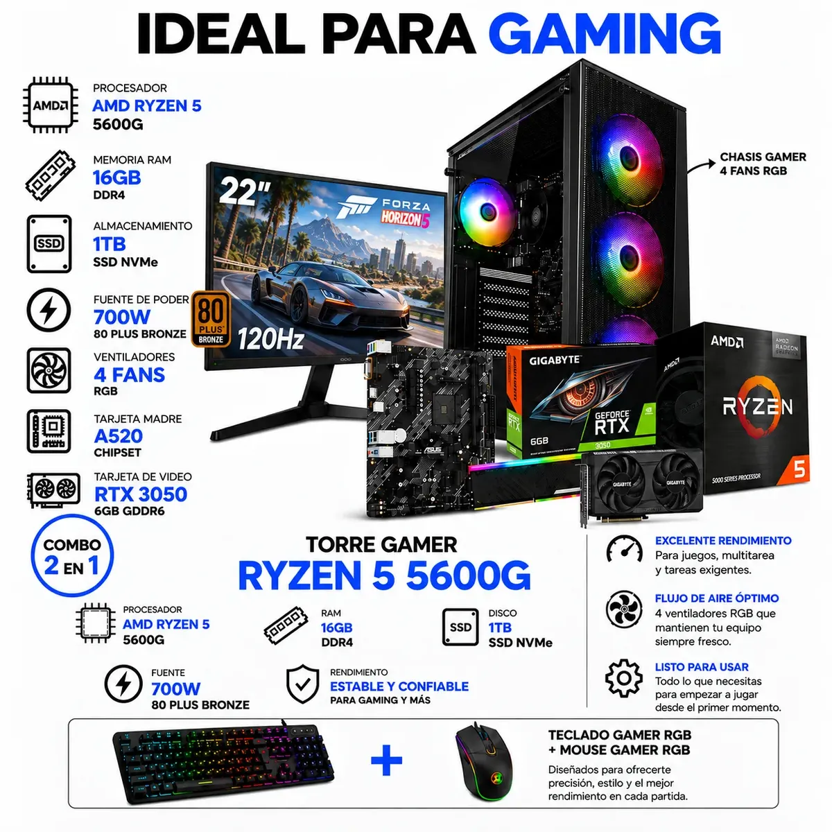 ASUS - TORRE GAMER RYZEN 5 5600G - RTX 3050 6GB - 16GB RAM - 1TB SSD M.2 - MONITOR 22" FHD + COMBO