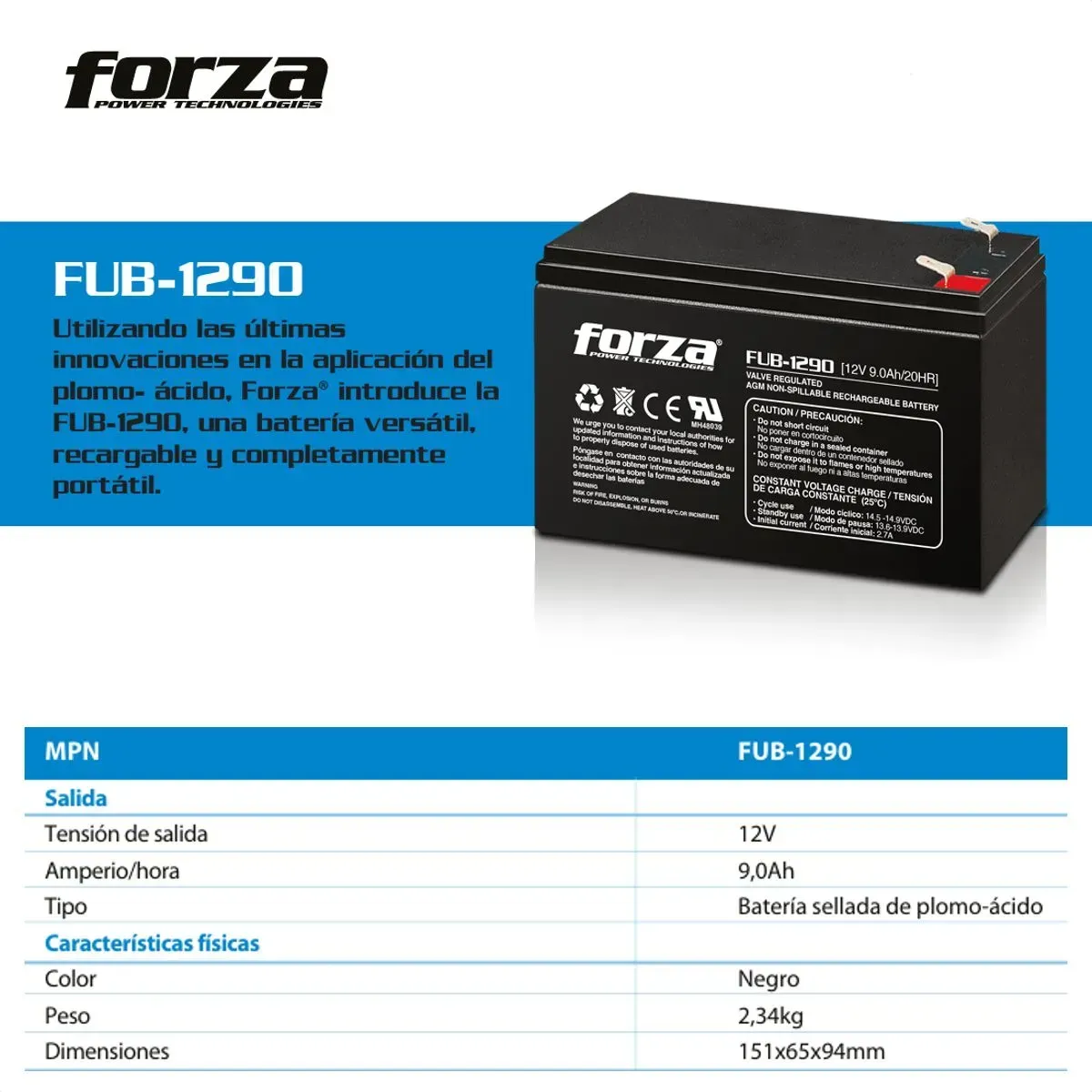 FORZA - Batería Recargable 12V 9Ah Forza FUB-1290 AGM Sellada para UPS Alarmas y Sistemas de Seguridad