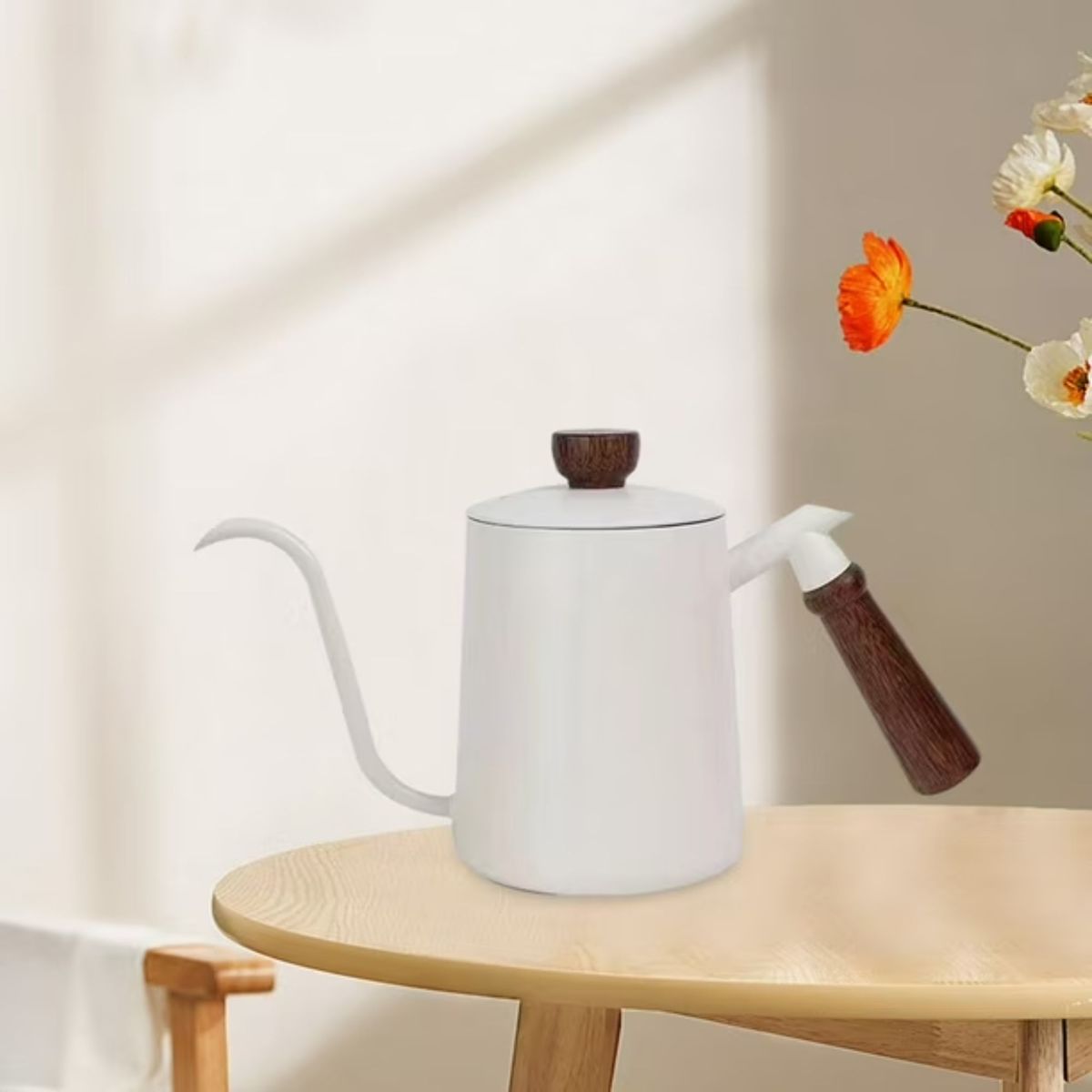 TRIPLE CLEAN - Jarra Cuello De Cisne Para Café y Té En Acero Y Cerámica Blanca