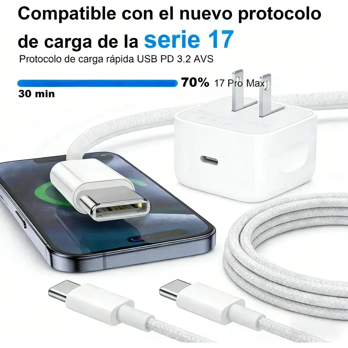 GENERICO - Cargador Dinamico Carga Rapida 60/40w + Cable  Compatible Para Iphone 15, 16, 17, pro y pro max