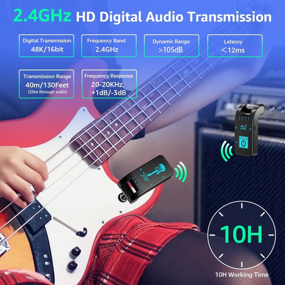 W - Transmisor Receptor para Guitarra y demás Instrumentos Sistema Inalámbrico 2.4GHz Recargable