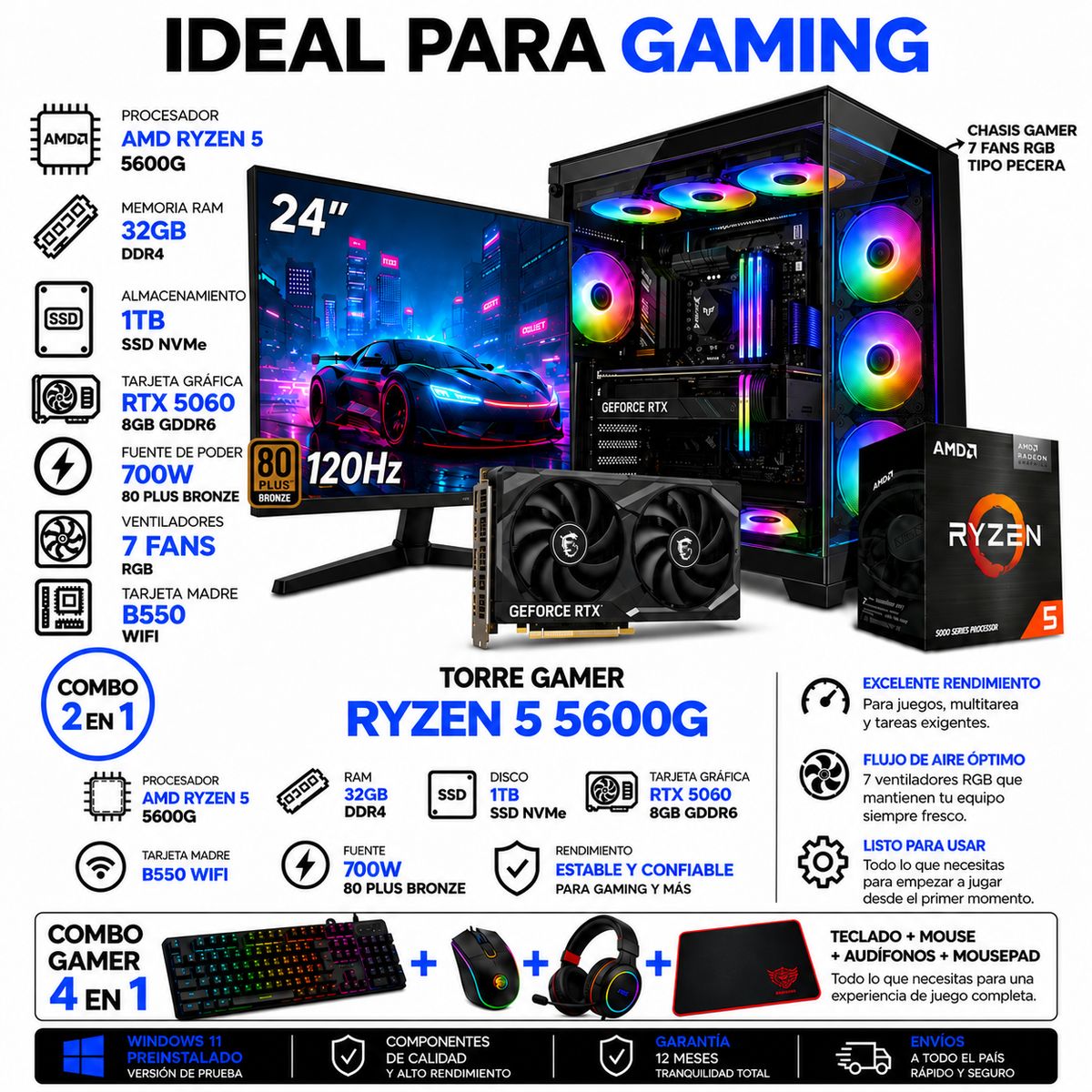 POWER GROUP - PC Gamer Ryzen 5 5600G / RTX 5060 8GB / 32GB RAM / 1TB / Monitor 24” 120Hz