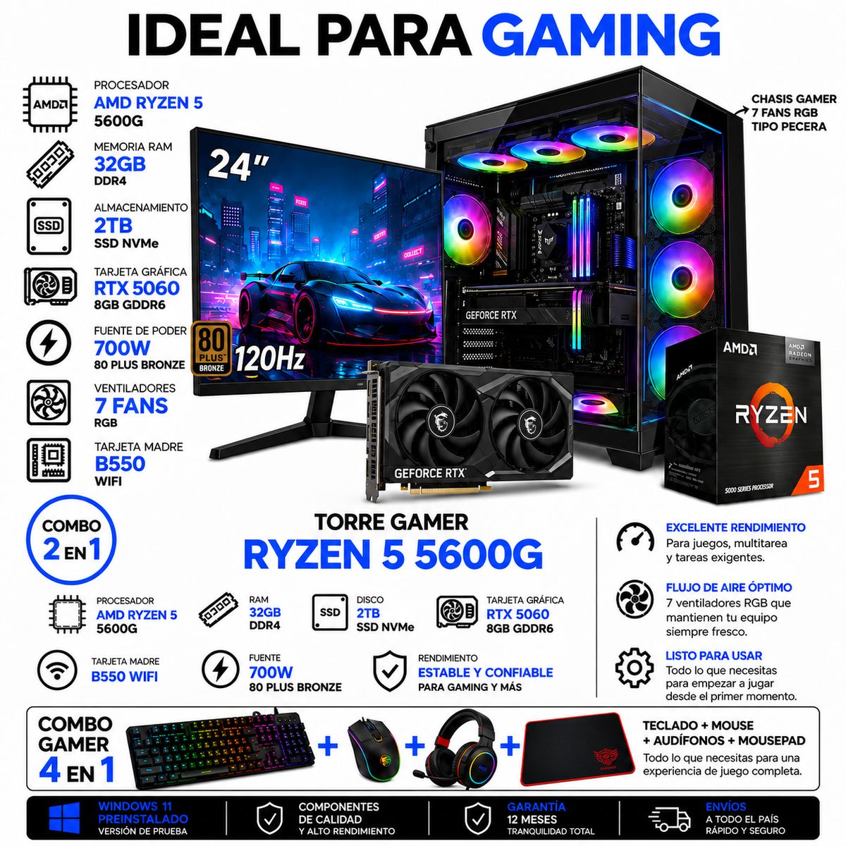 POWER GROUP - PC Gamer Ryzen 5 5600G / RTX 5060 8GB / 32GB RAM / 2TB / Monitor 24” 120Hz