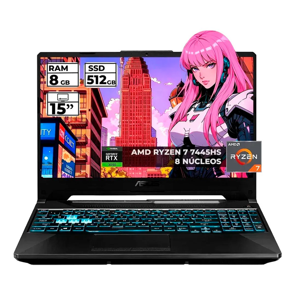 ASUS - Portátil Gamer Asus Tuf A15  Ryzen 7 7445HS, 8GB RAM, 512GB SSD y RTX 3050 FHD de 15.6" 144Hz