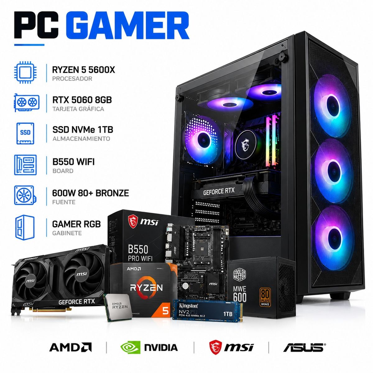 POWER GROUP - PC GAMER RYZEN 5 5600X - RTX 5060 8GB - 1TB SSD NVMe - 16GB RAM - B550 WIFI - 600W 80+ BRONZE