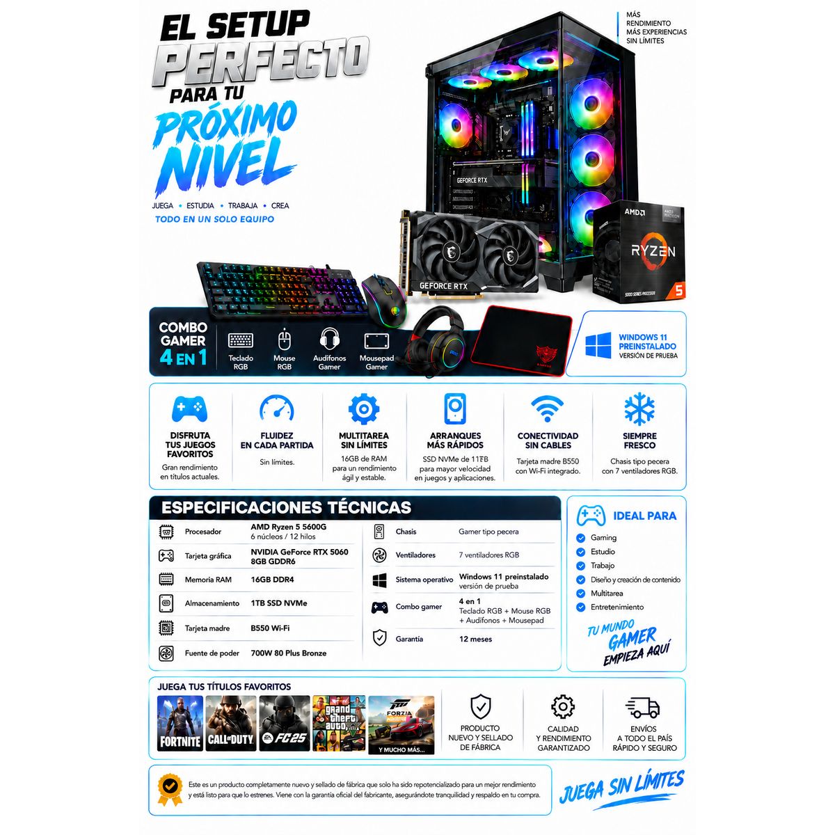 POWER GROUP - PC Gamer Ryzen 5 5600G / RTX 5060 8GB / 16GB RAM / 1TB / 700W 80 PLUS BRONCE