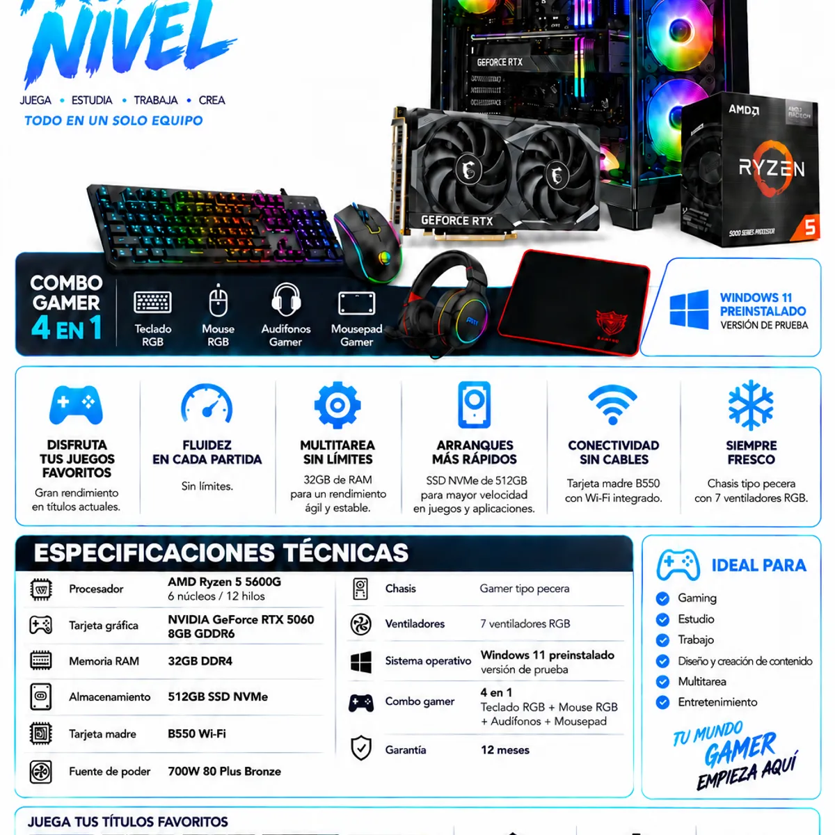 POWER GROUP - PC Gamer Ryzen 5 5600G / RTX 5060 8GB / 32GB RAM / 512GB / 700W 80 PLUS BRONCE