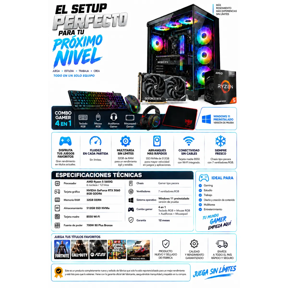POWER GROUP - PC Gamer Ryzen 5 5600G / RTX 5060 8GB / 32GB RAM / 512GB / 700W 80 PLUS BRONCE