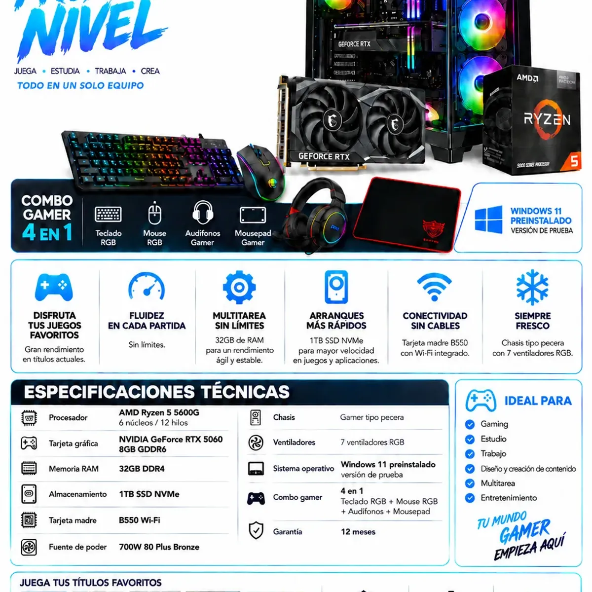 POWER GROUP - PC Gamer Ryzen 5 5600G / RTX 5060 8GB / 32GB RAM / 1TB / 700W 80 PLUS BRONCE