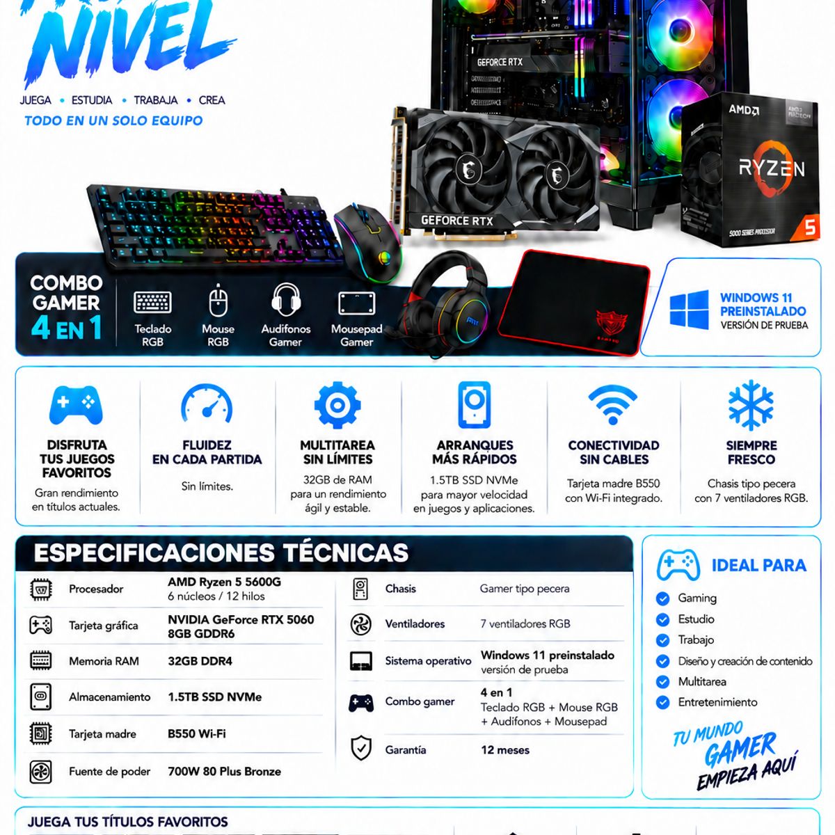 POWER GROUP - PC Gamer Ryzen 5 5600G / RTX 5060 8GB / 32GB RAM / 1.5TB / 700W 80 PLUS BRONCE