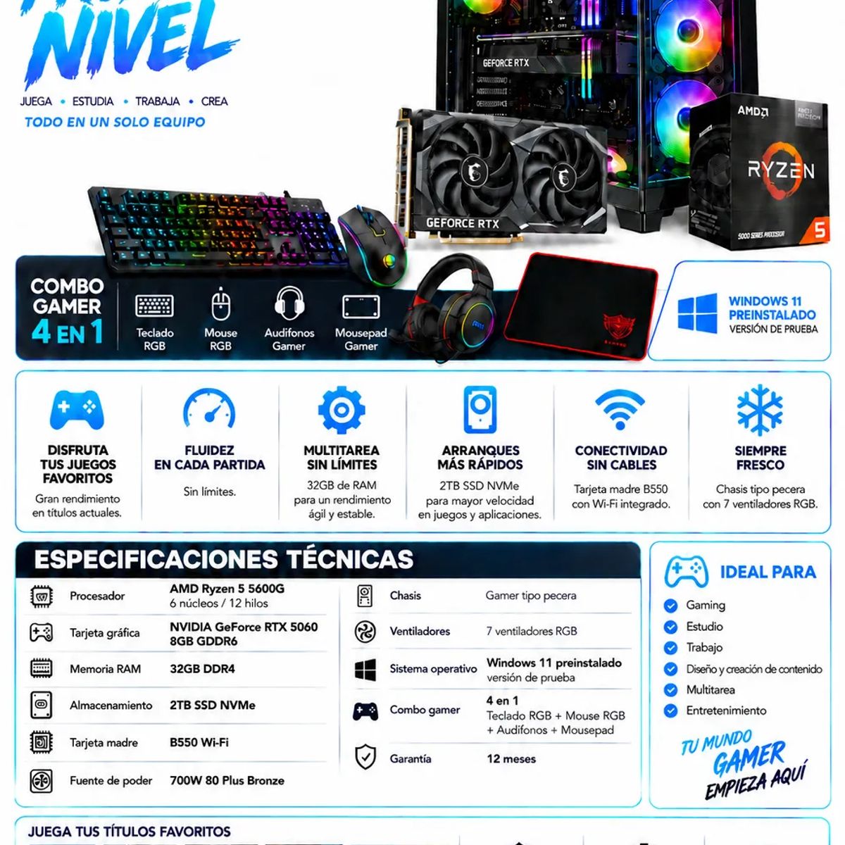 POWER GROUP - PC Gamer Ryzen 5 5600G / RTX 5060 8GB / 32GB RAM / 2TB / 700W 80 PLUS BRONCE