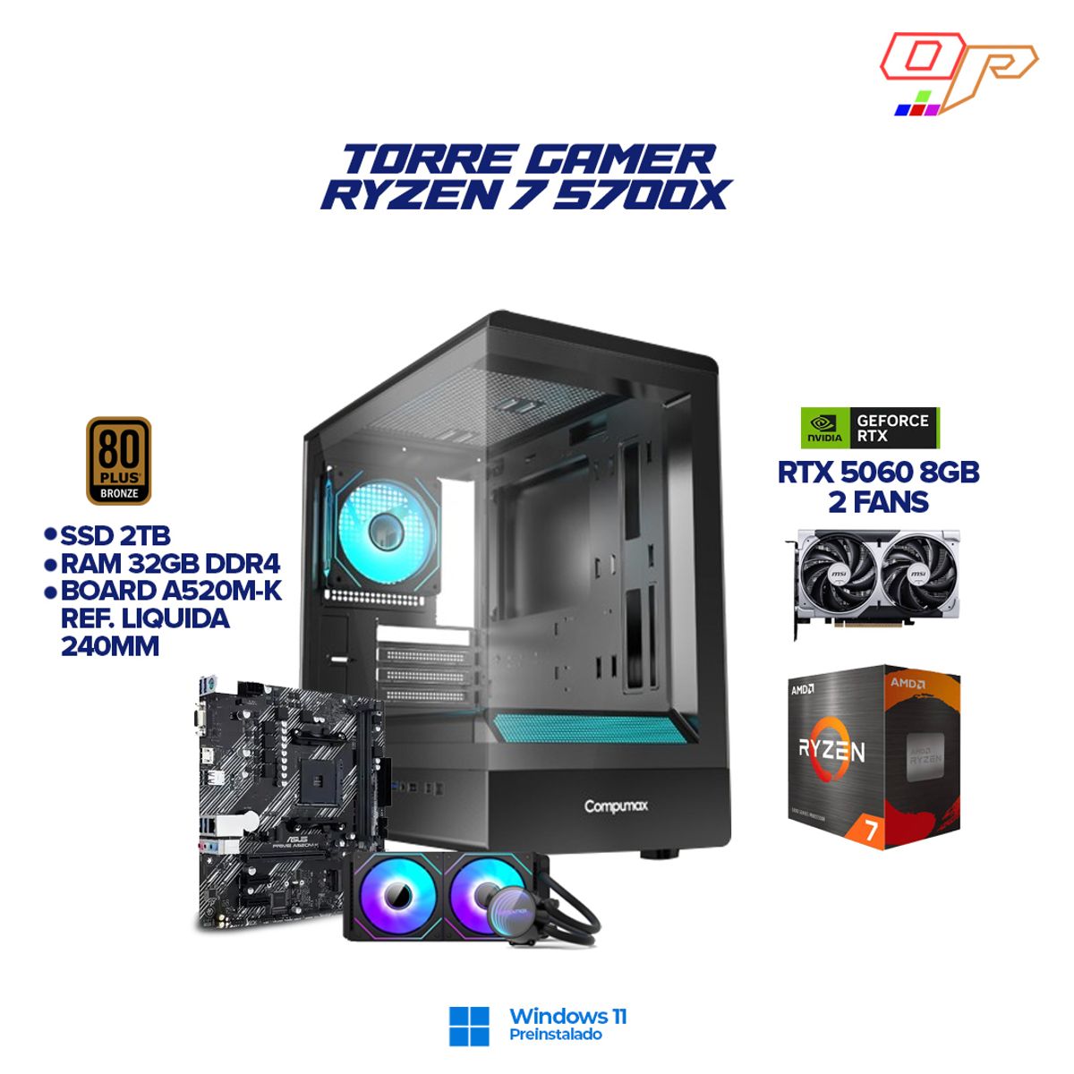 COMPUMAX - PC GAMER RYZEN 7 5700X + RTX  5060 8GB| LIQUIDA 240M| CHASIS NOVA RGB| RAM 32GB - 2.TB HIBRIDO