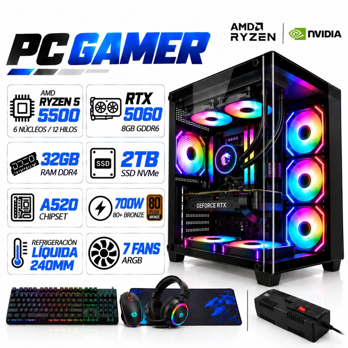 POWER GROUP - PC GAMER AMD RYZEN 5 5500|RTX 5060 8GB|32GB RAM|SSD 2TB|LÍQUIDA 240ML|COMBO 4 EN 1|REGULADOR