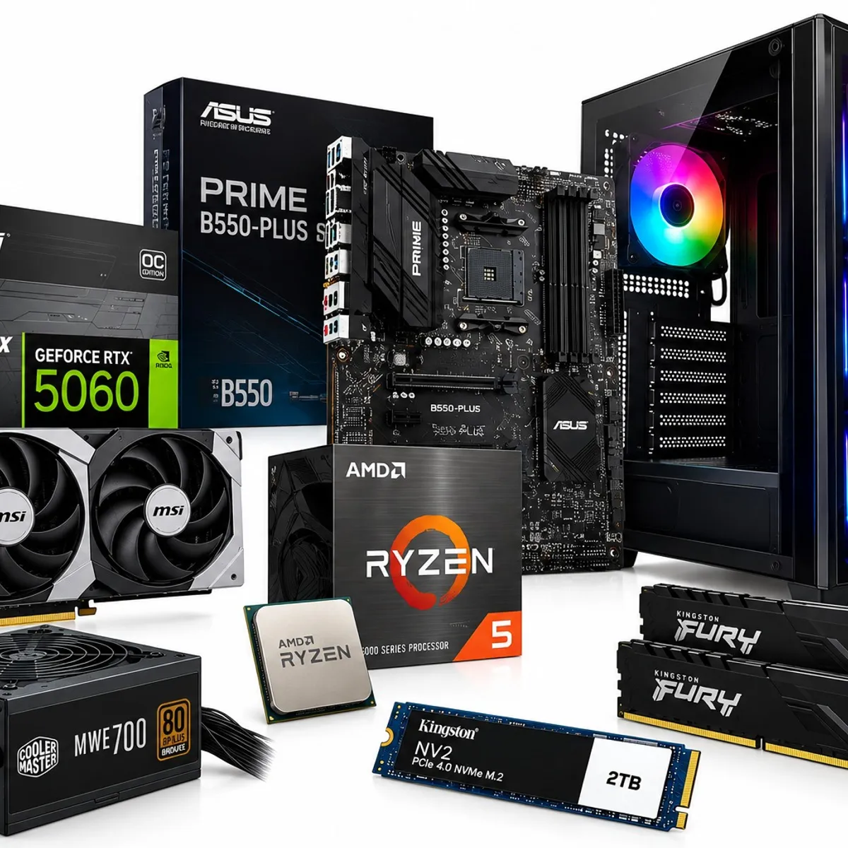 POWER GROUP - PC GAMER AMD RYZEN 5 5500|RTX 5060 8GB|32GB RAM|SSD 2TB|LÍQUIDA 240ML|COMBO 4 EN 1|REGULADOR