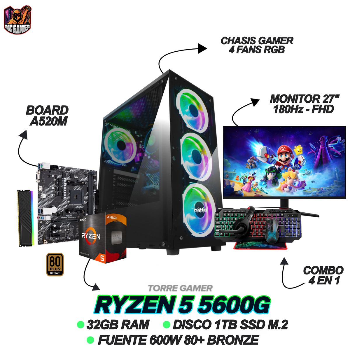 AMD - TORRE GAMER | RYZEN 5 5600G | RAM 32GB | SSD 1TB M.2 | MONITOR 27" 180Hz | IDEAL PARA GAMING