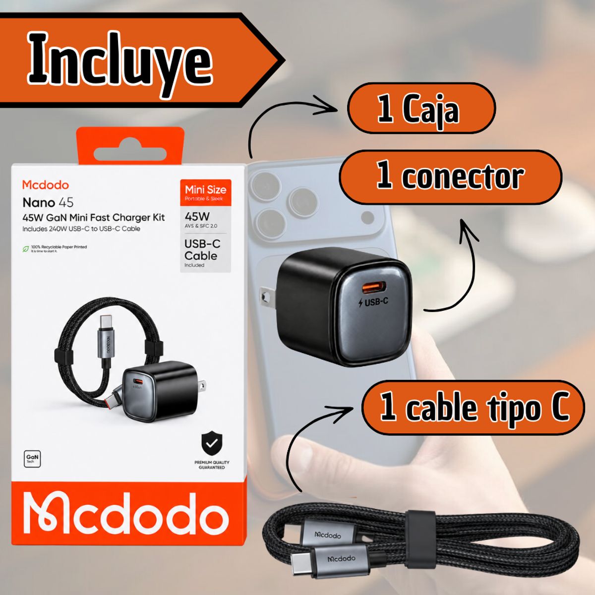 MCDODO - Cargador Mcdodo 45W GaN + Cable USB-C 3m