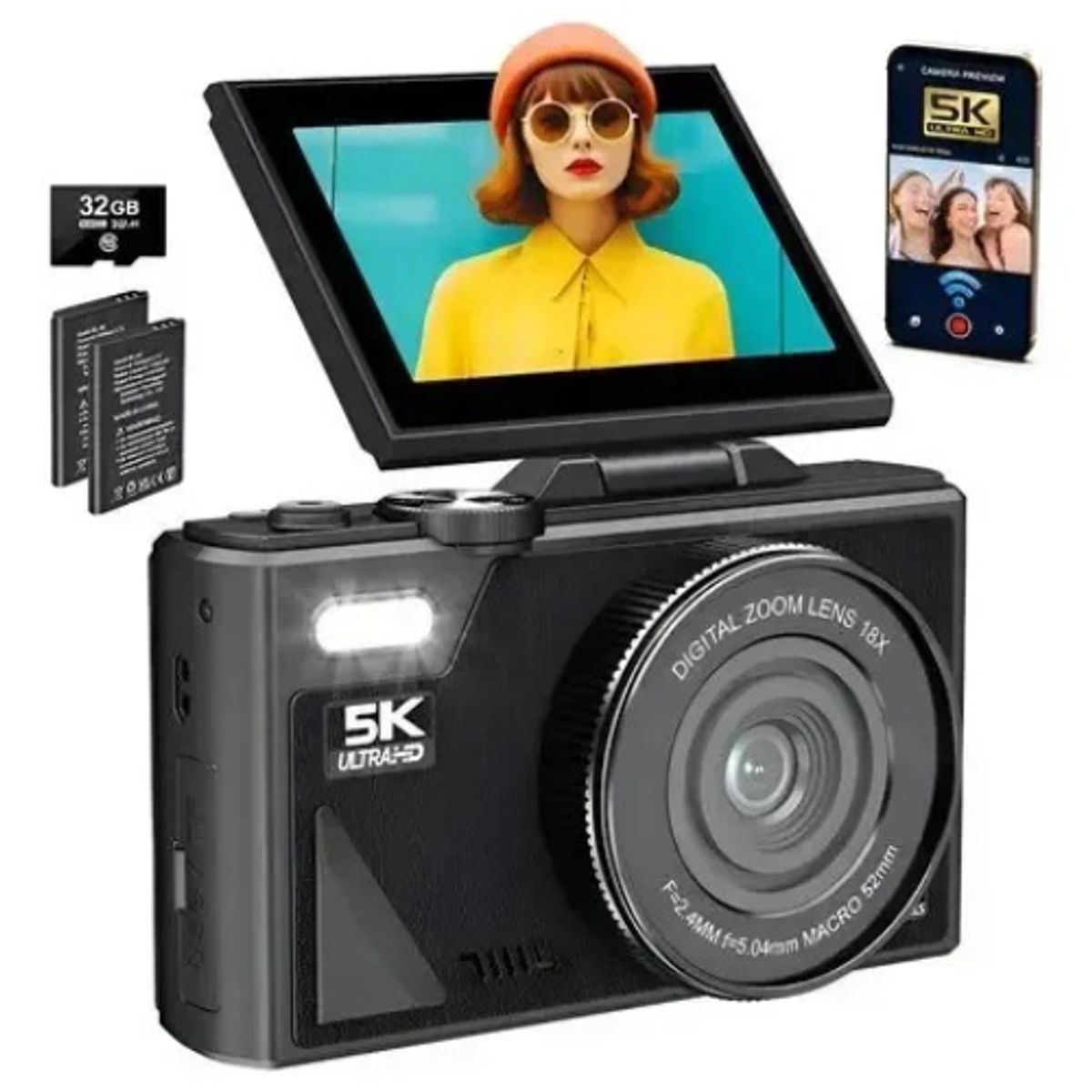 U BUY - Cámara Digital 5k 64mp Cámara Vlog Con Tarjeta Sd Y 2 Pzs