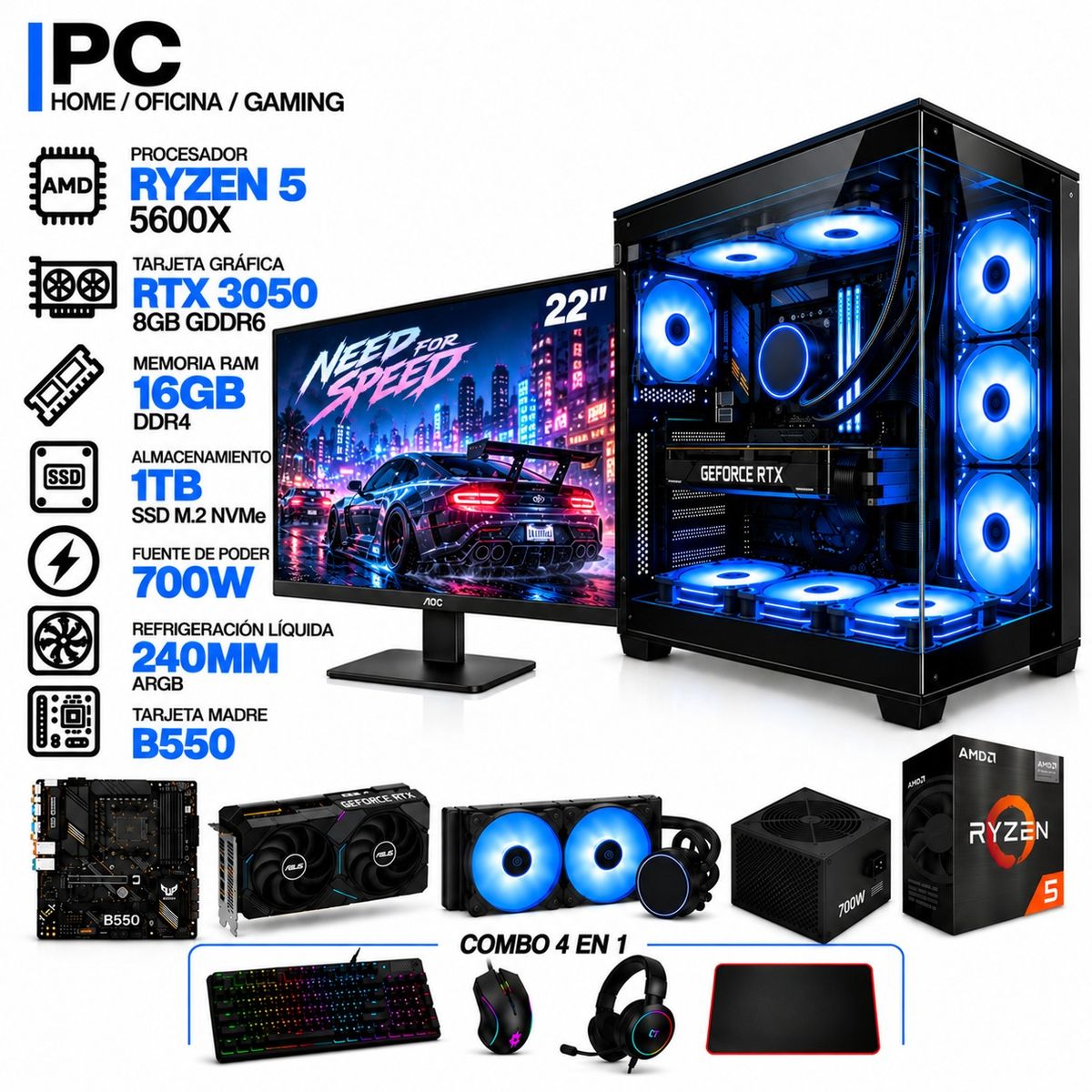 POWER GROUP - PC GAMER AMD RYZEN 5 5600X|RTX 3050 6GB|16GB RAM|SSD 1TB|LÍQUIDA 240ML | MONITOR 22" | BOARD B550