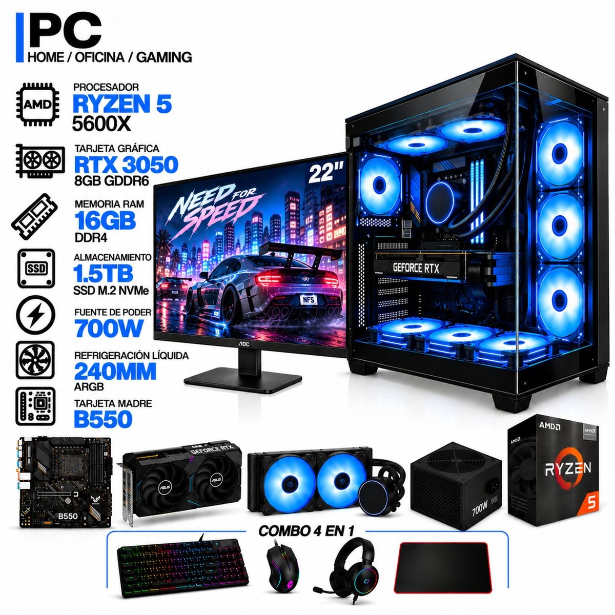 POWER GROUP - PC GAMER AMD RYZEN 5 5600X|RTX 3050 6GB|16GB RAM|SSD 1.5TB|LÍQUIDA 240ML | MONITOR 22" | BOARD B550