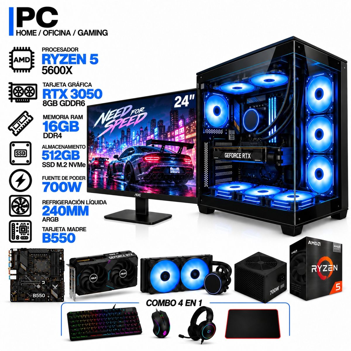 POWER GROUP - PC GAMER AMD RYZEN 5 5600X|RTX 3050 6GB|16GB RAM|SSD 512GB|LÍQUIDA 240ML | MONITOR 24" | BOARD B550