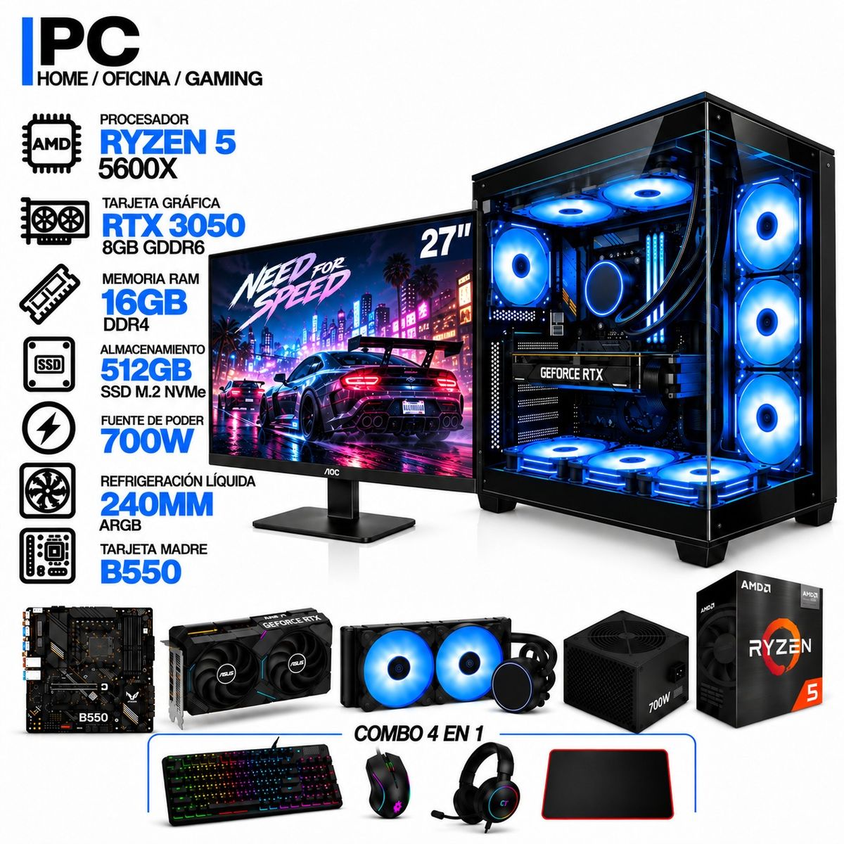 POWER GROUP - PC GAMER AMD RYZEN 5 5600X|RTX 3050 6GB|16GB RAM|SSD 512GB|LÍQUIDA 240ML | MONITOR 27" | BOARD B550