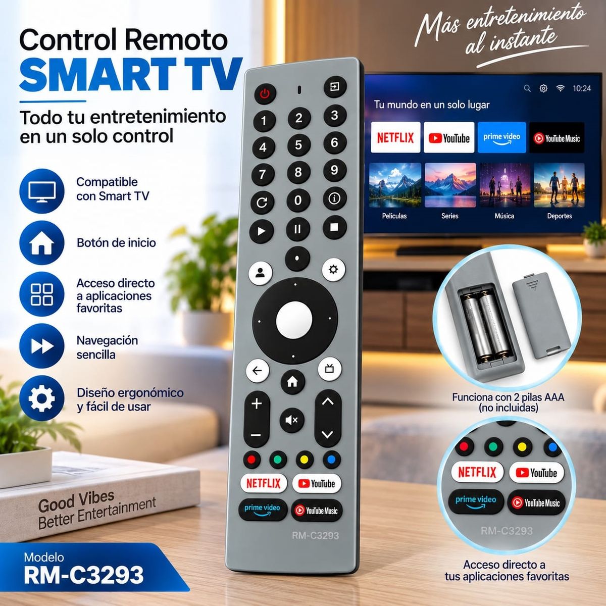 GENERICO - Control Remoto JVC Smart TV RM-C3293 con Accesos Directos a Aplicaciones