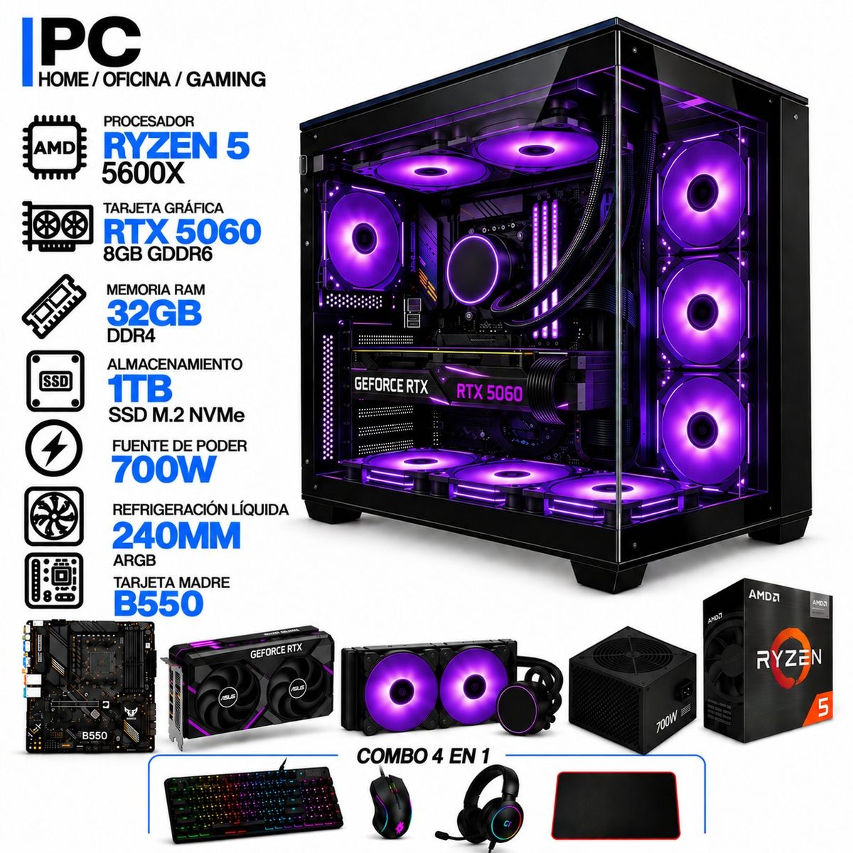 POWER GROUP - PC GAMER AMD RYZEN 5 5600X|RTX 5060 8GB|32GB RAM|SSD 1TB|LÍQUIDA 240ML| BOARD B550 WIFI | COMBO