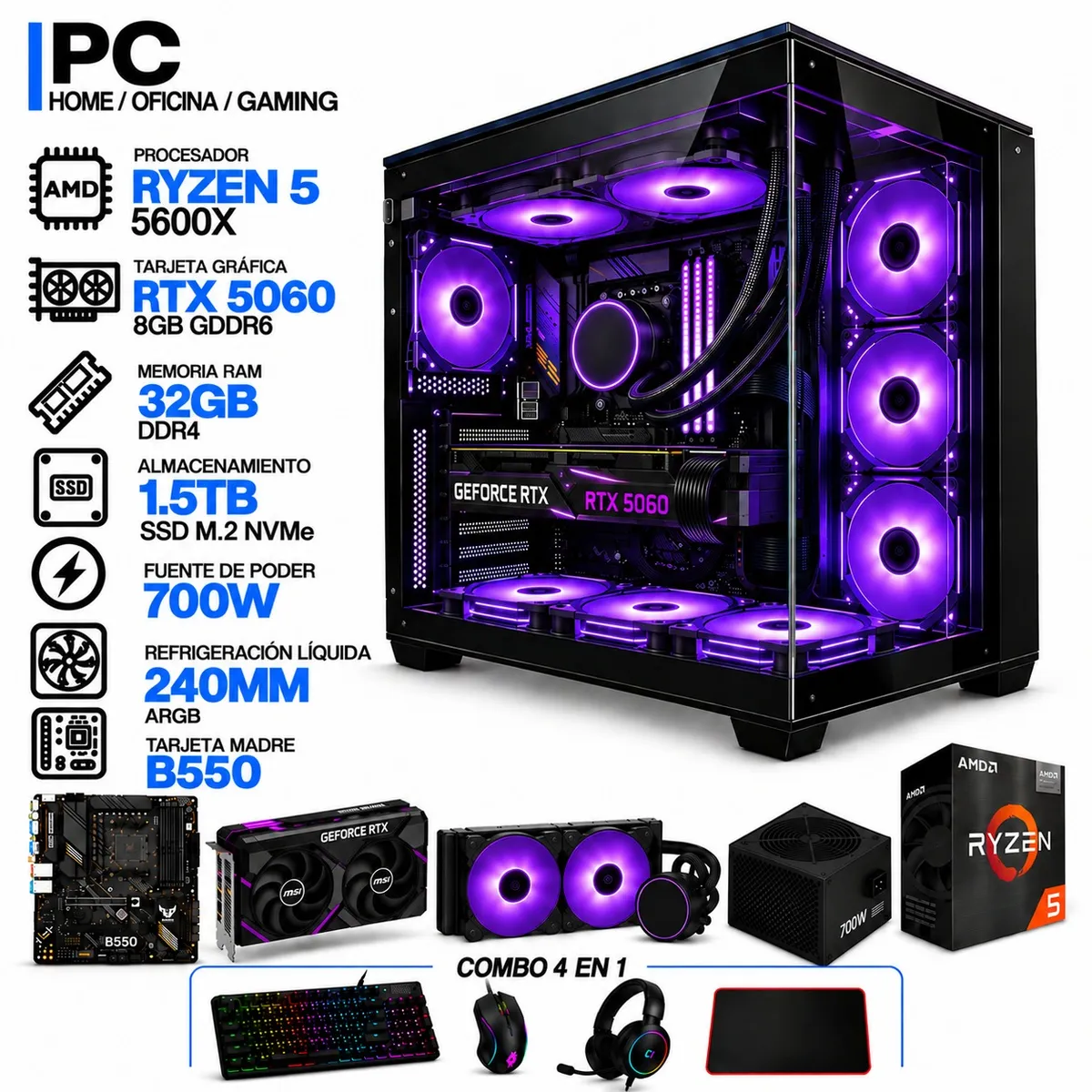 POWER GROUP - PC GAMER AMD RYZEN 5 5600X|RTX 5060 8GB|32GB RAM|SSD 1.5TB|LÍQUIDA 240ML| BOARD B550 WIFI | COMBO