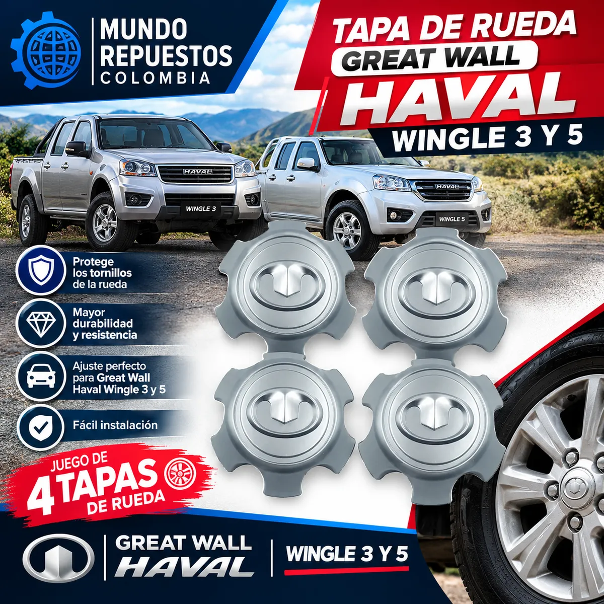 ORIGINAL REPUESTOS - KIT X4 TAPA CUBO RIN GREAT WALL HAVAL WINGLE 3 Y 5 ORIGINAL