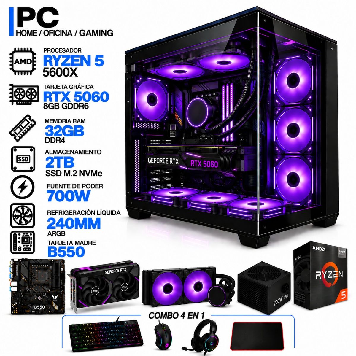 POWER GROUP - PC GAMER AMD RYZEN 5 5600X|RTX 5060 8GB|32GB RAM|SSD 2TB|LÍQUIDA 240ML| BOARD B550 WIFI | COMBO