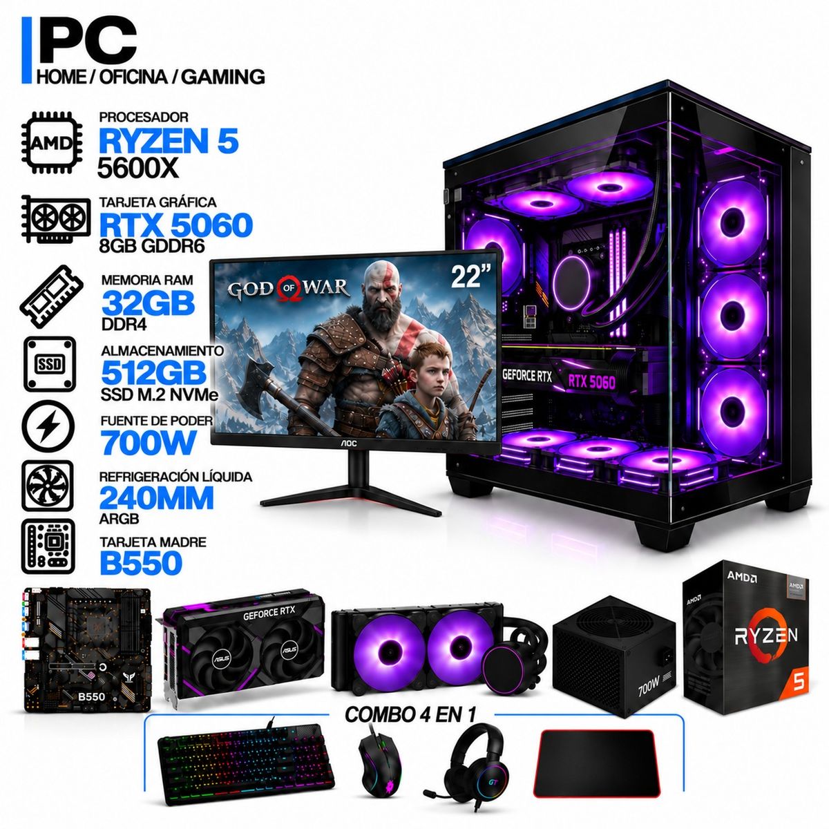 POWER GROUP - PC GAMER AMD RYZEN 5 5600X|RTX 5060 8GB|32GB RAM|SSD 512GB|LÍQUIDA 240ML| MONITOR 22" | B550 WIFI