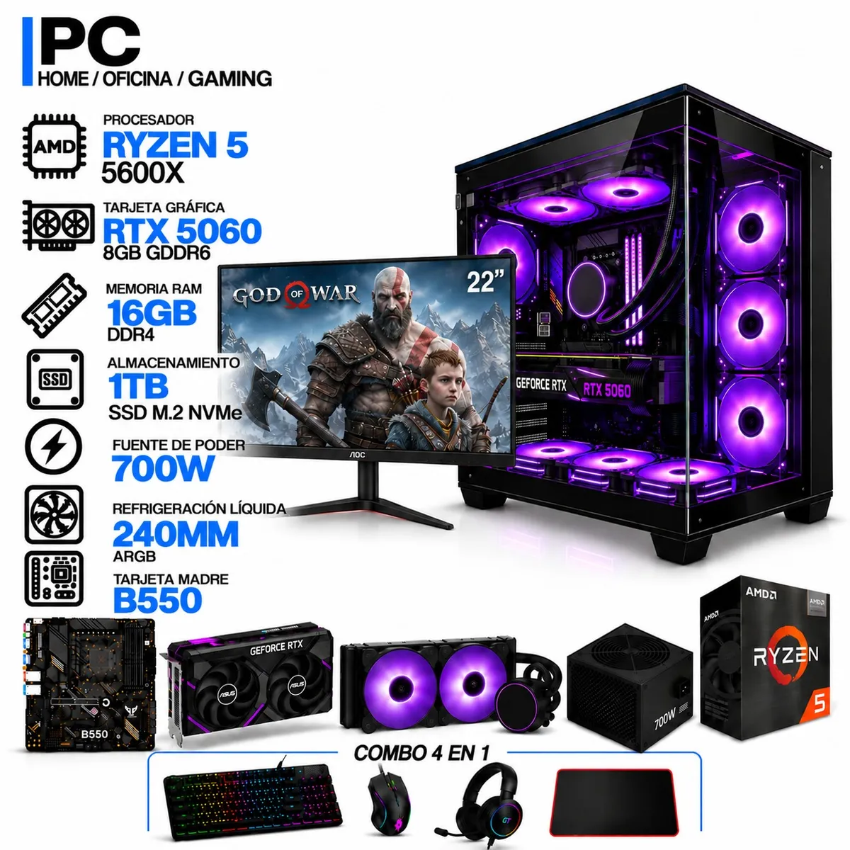 POWER GROUP - PC GAMER AMD RYZEN 5 5600X|RTX 5060 8GB|16GB RAM|SSD 1TB|LÍQUIDA 240ML| MONITOR 22" | B550 WIFI