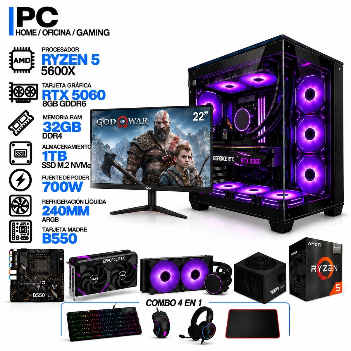 POWER GROUP - PC GAMER AMD RYZEN 5 5600X|RTX 5060 8GB|32GB RAM|SSD 1TB|LÍQUIDA 240ML| MONITOR 22" | B550 WIFI