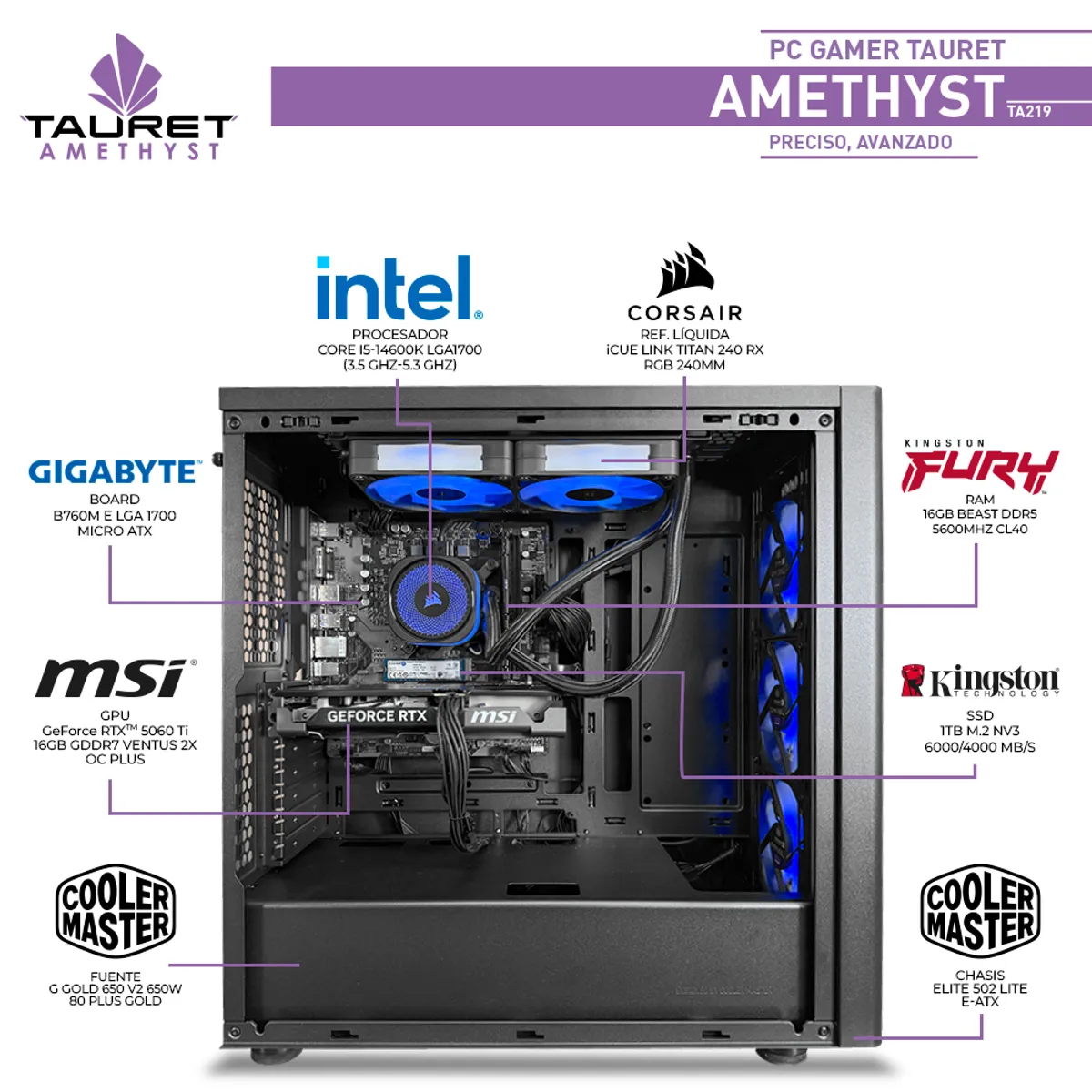 INTEL - PC Gamer Tauret Amethyst TA219 · Intel Core i5-14600K · RTX 5060 Ti 16GB · RAM 16GB DDR5 · M.2 1TB