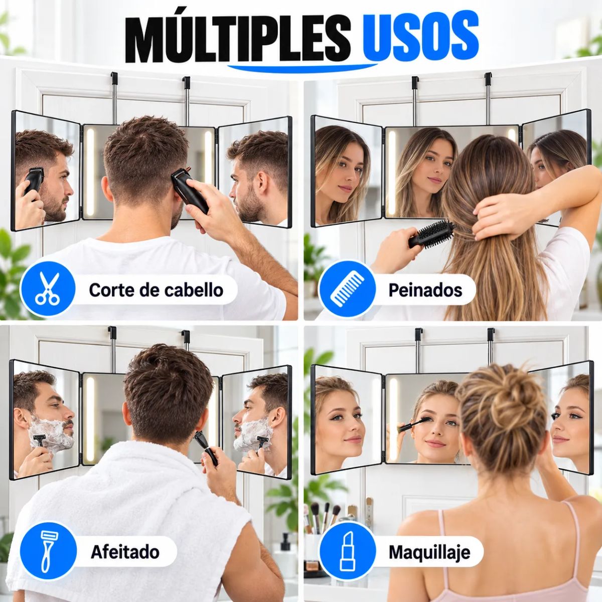 OEM - Espejo 3 Vías, espejo 360 Para Corte De Cabello, maquillaje con luz led recargable