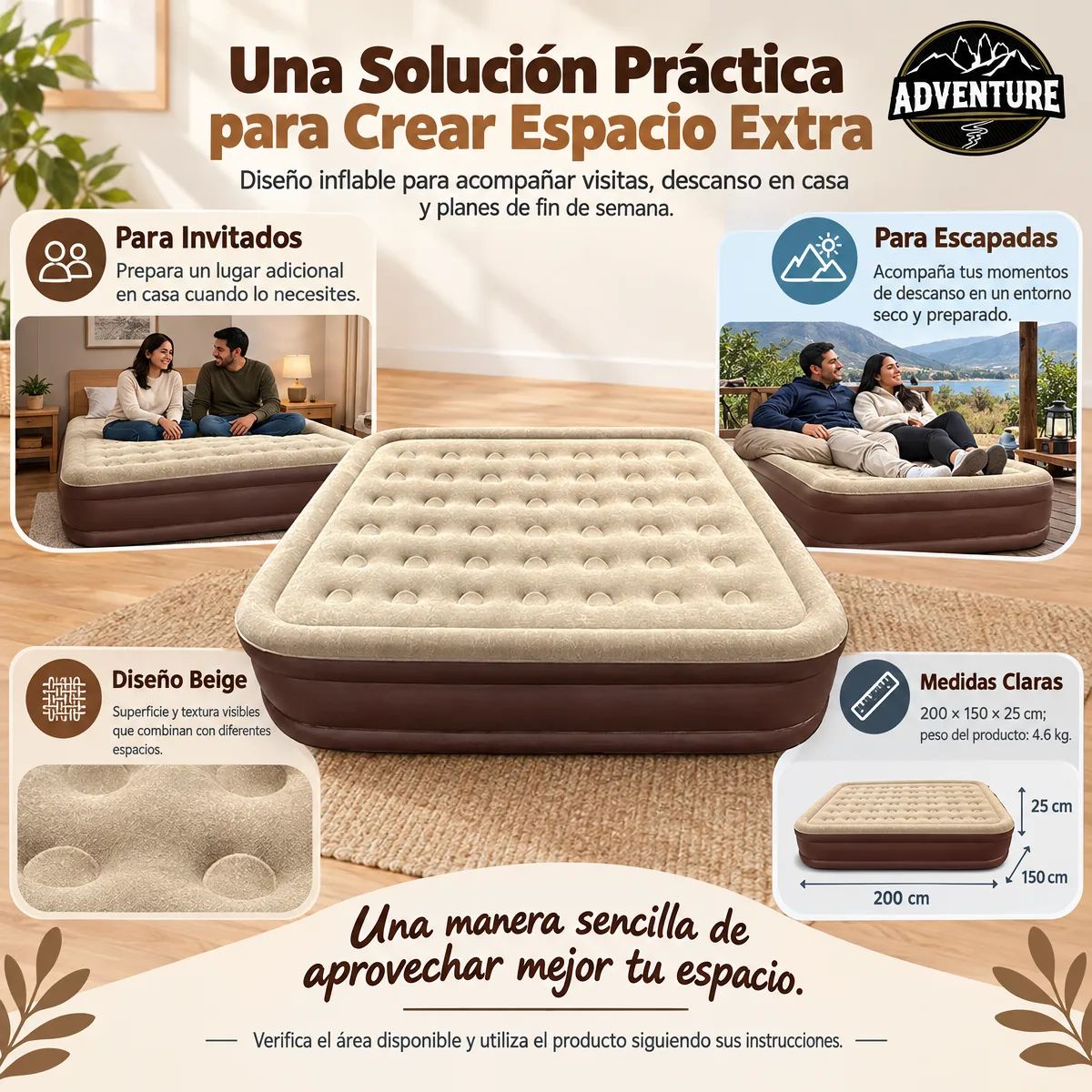 ANYHOGAR - Colchón Inflable Eléctrico Queen 2plazas Beige  200x150x43cm