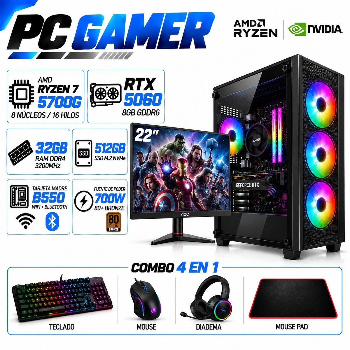 POWER GROUP - PC Gamer Ryzen 7 5700G | RTX 5060 8GB GDDR6 | 32GB RAM | 512GB SSD | MONITOR 22"| B550 WIFI+BLUE