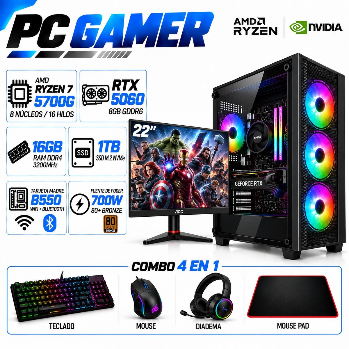 POWER GROUP - PC Gamer Ryzen 7 5700G | RTX 5060 8GB GDDR6 | 16GB RAM | 1TB SSD | MONITOR 22"| B550 WIFI+BLUE