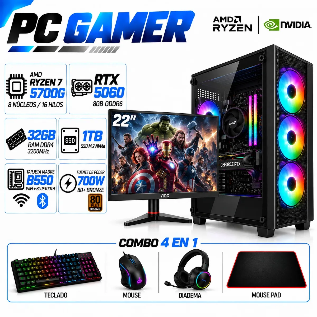 POWER GROUP - PC Gamer Ryzen 7 5700G | RTX 5060 8GB GDDR6 | 32GB RAM | 1TB SSD | MONITOR 22"| B550 WIFI+BLUE
