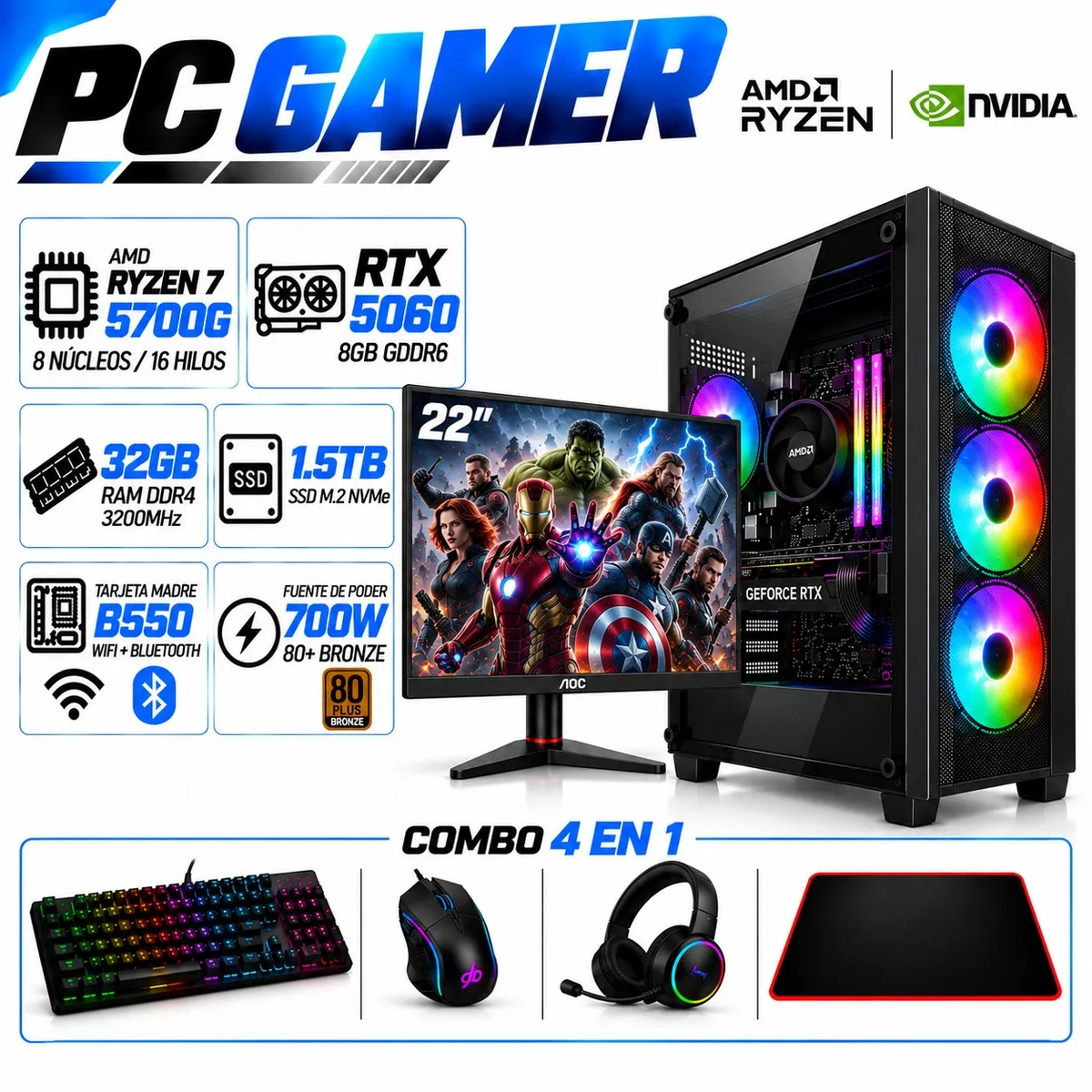 POWER GROUP - PC Gamer Ryzen 7 5700G | RTX 5060 8GB GDDR6 | 32GB RAM | 1.5TB SSD | MONITOR 22"| B550 WIFI+BLUE